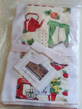 Icky Baby NWT Burp Cloth Set with Retro Red Teapot & Fruit Print